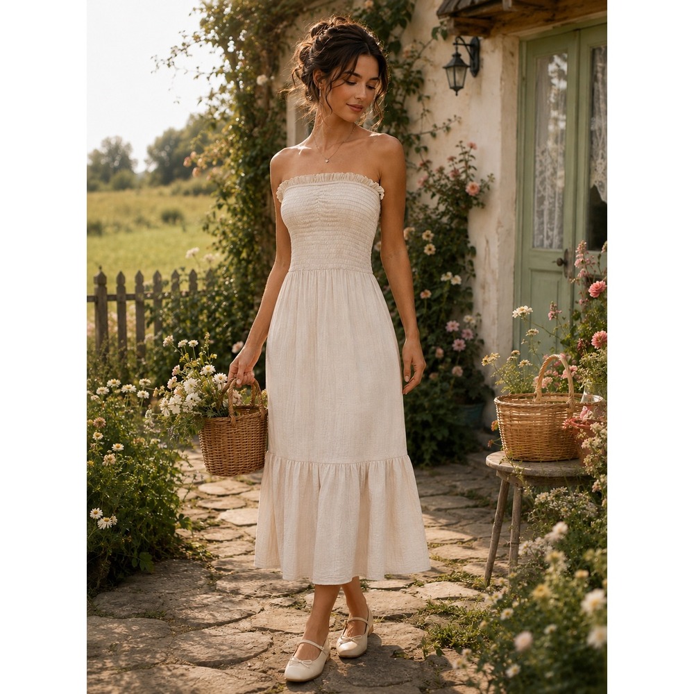 Strapless‎ Cottagecore Smocked Tiered Boho Maxi Dress Sz S Angel Ethereal Soft